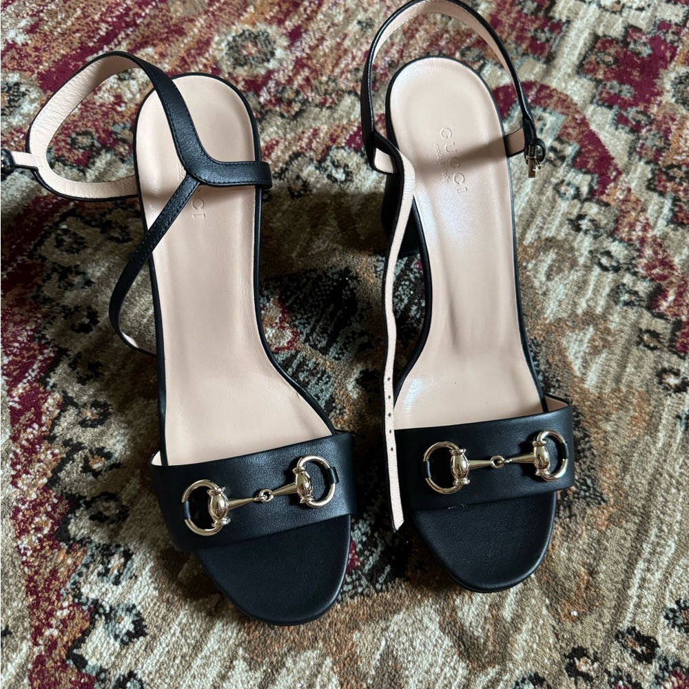Gucci Black Leather Horsebit Slingback Heels